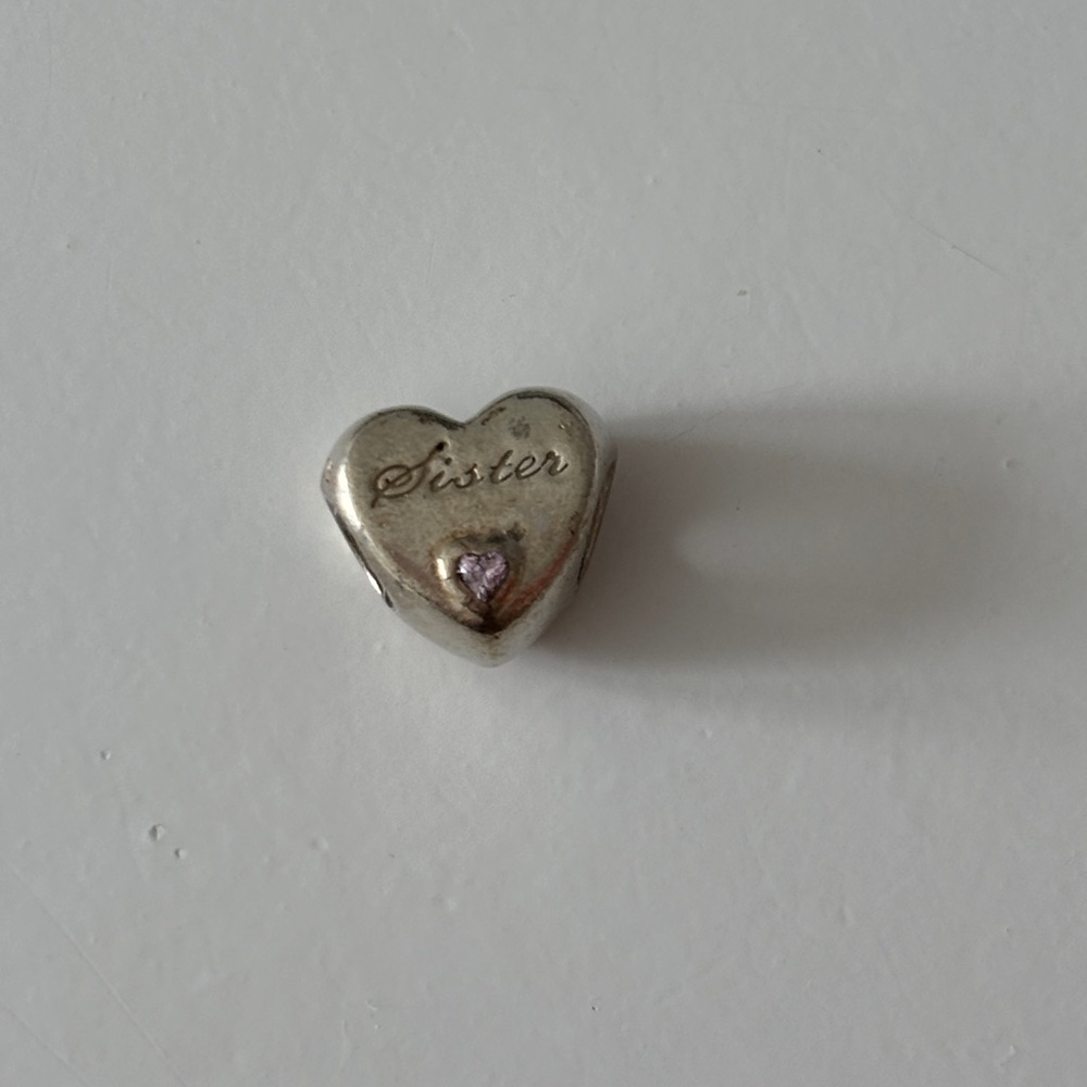 Pandora Silver 'Sister' Heart Charm with Pink Accent